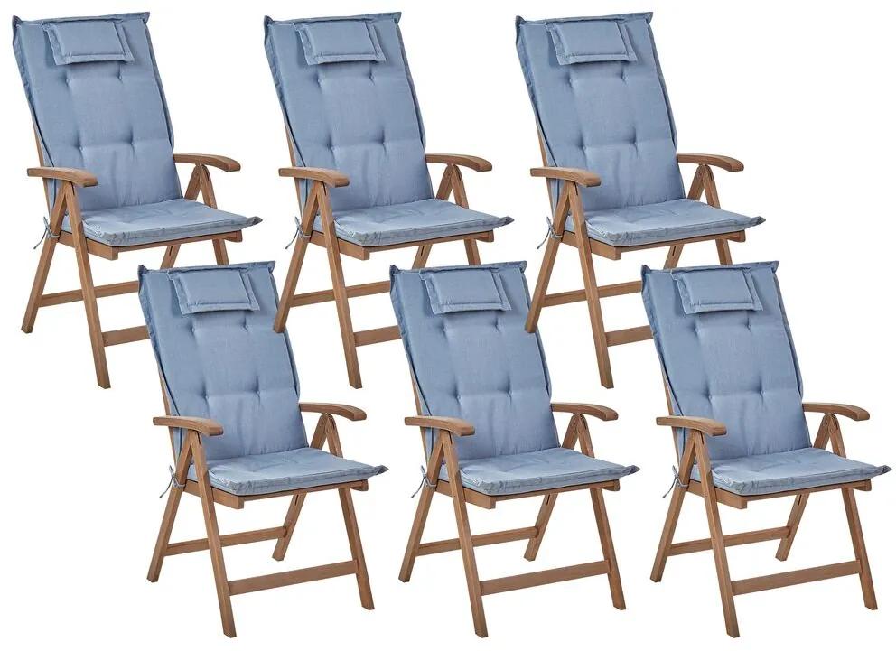 Sada 6 záhradných skladacích stoličiek z tmavého akáciového dreva s modrými vankúšmi AMANTEA Beliani