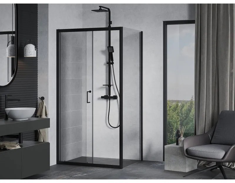 Mexen Apia, sprchový kút s posuvnými dverami 120 (dvere) x 90 (stena) cm, 6mm číre sklo, čierny profil, 840-120-090-70-00