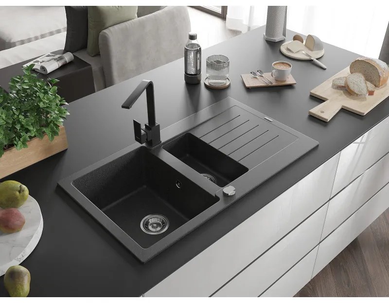 Mexen Matias, granitový drez 900x505x200 mm, 1,5-komorový a čierna batéria Rita, čierna škvrnitá, 6502-76-670300-70