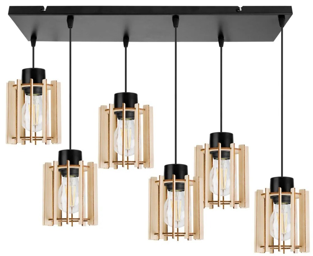 Závesné svietidlo Timber 7, 6x drevené tienidlo