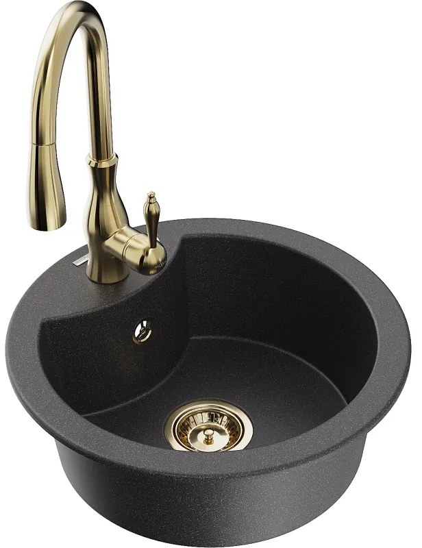 Mexen Diego, 1-komorový granitový drez 488x488x167 mm a drezová batéria Savita, čierna škvrtnitá, 6512-76-672601-50