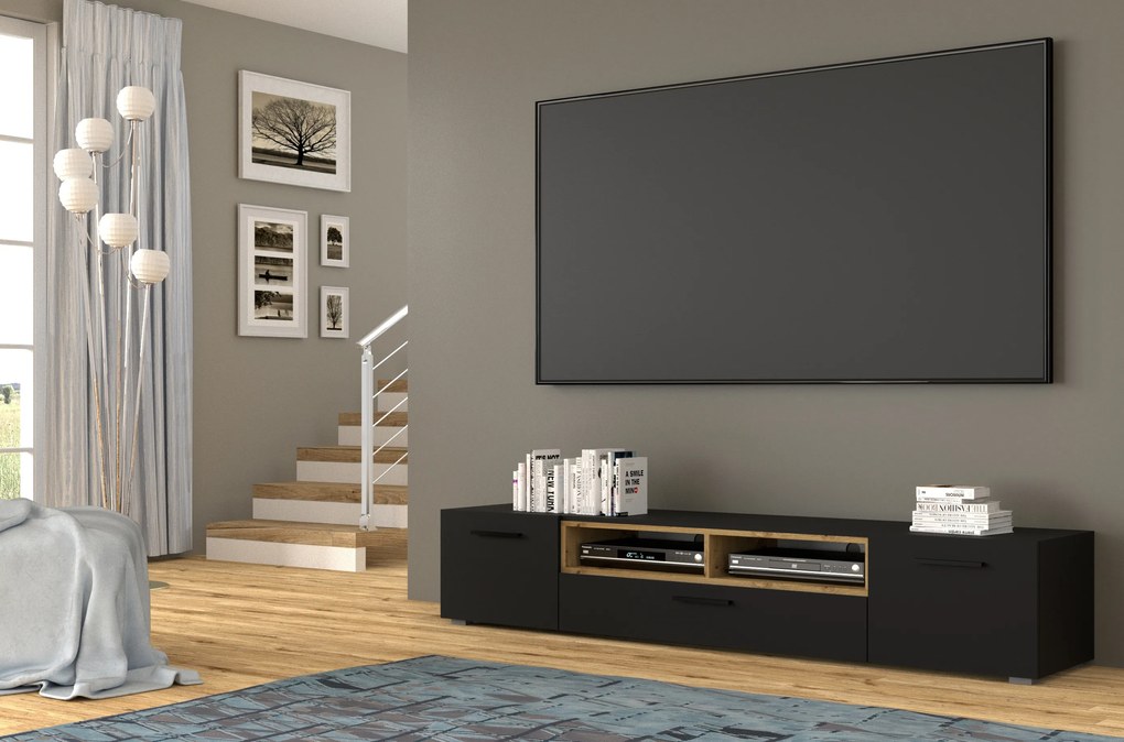 TV stolík/skrinka Akita 198 (čierna + dub artisan). Akcia -20%. Vlastná spoľahlivá doprava až k Vám domov. 1124863