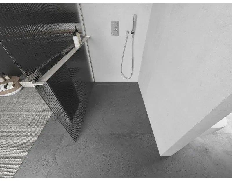 Mexen Kioto+ L, sprchová zástena Walk-In s poličkou a vešiakom 100 x 200 cm, 8mm sklo s rebrovým vzorom, brúsená oceľ profil, 800-100-123-97-09