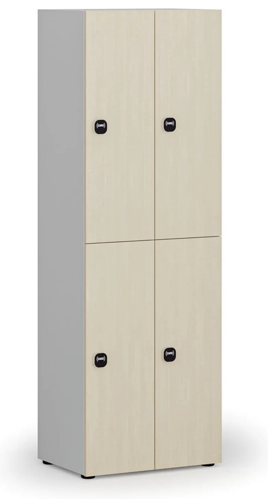 Drevená šatníková skrinka s úložnými boxmi, 4 boxy, RFID zámok, sivá/breza