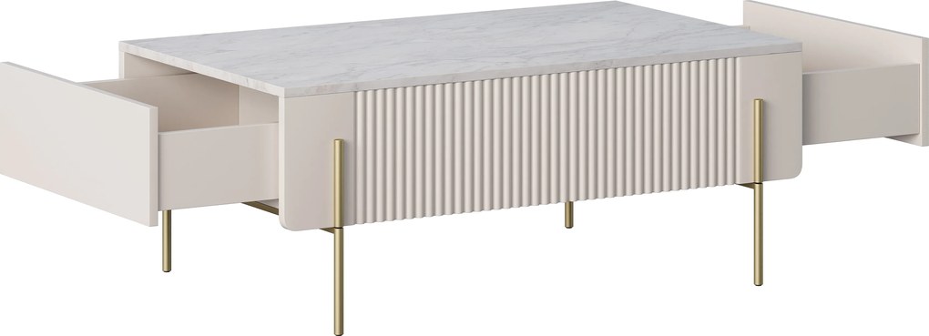Kávový stolík Malmi 100 cm so zásuvkami - kasmír / krémová biela / zlaté nohy