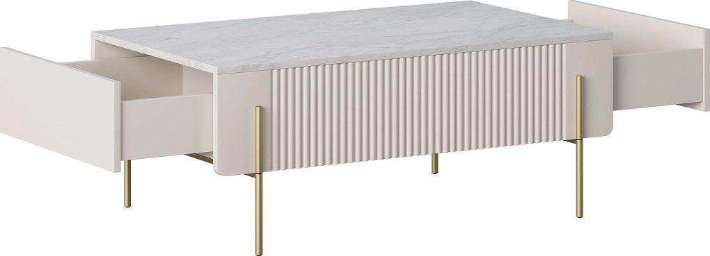 Konferenčný stolík so zásuvkami Malmi 100 cm - kašmír / crema bianca / zlaté nožičky