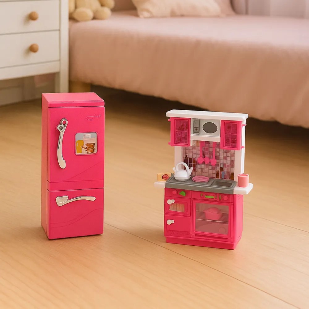 LEAN Toys Kuchynská súprava pre bábiky s chladničkou, rúrou a príslušenstvom, ružová