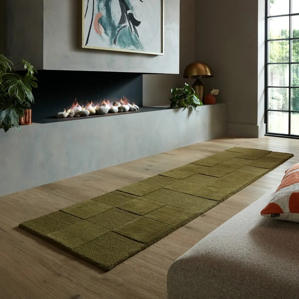Kaki ručne tkaný vlnený behúň 60x230 cm Checkerboard – Flair Rugs