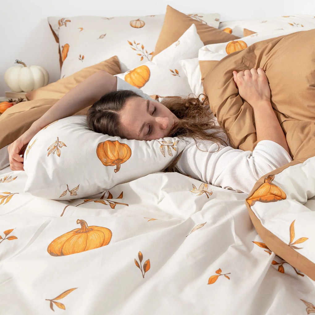 Goldea bavlnené posteľné obliečky duo - jesenné tekvice a lístky s hnedou 150 x 200 a 50 x 60 cm