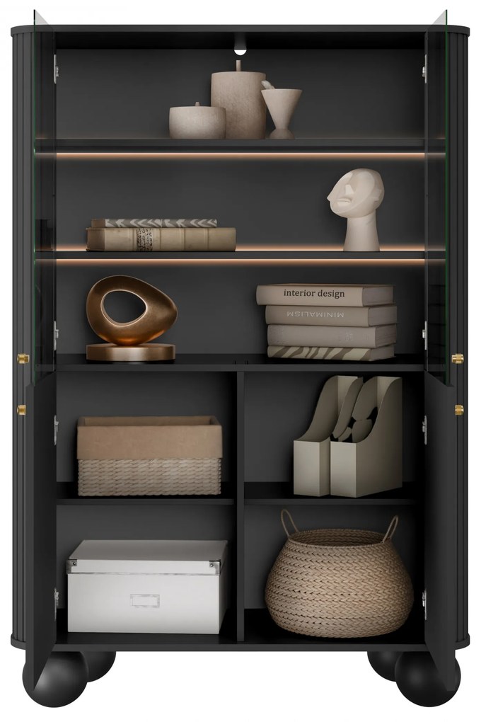 Vitrína Vesper 103 cm štvordverová - čierna / zlaté úchytky / guľaté nohy