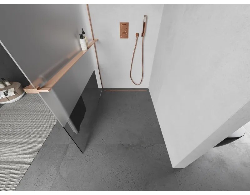 Mexen Kioto+, sprchová zástena Walk-In s poličkou a vešiakom 90 x 200 cm, 8mm číre sklo-námraza, medený matný profil, 800-090-121-65-35