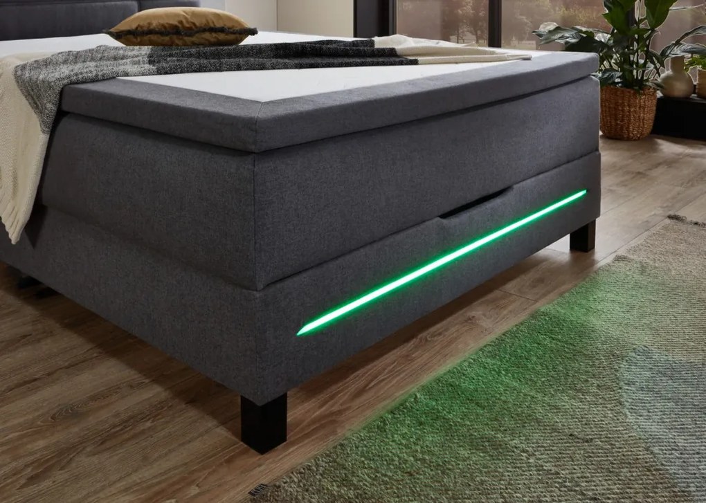 Postel boxspring s osvetlením Jefferson 140x200 cm, antracitová látka