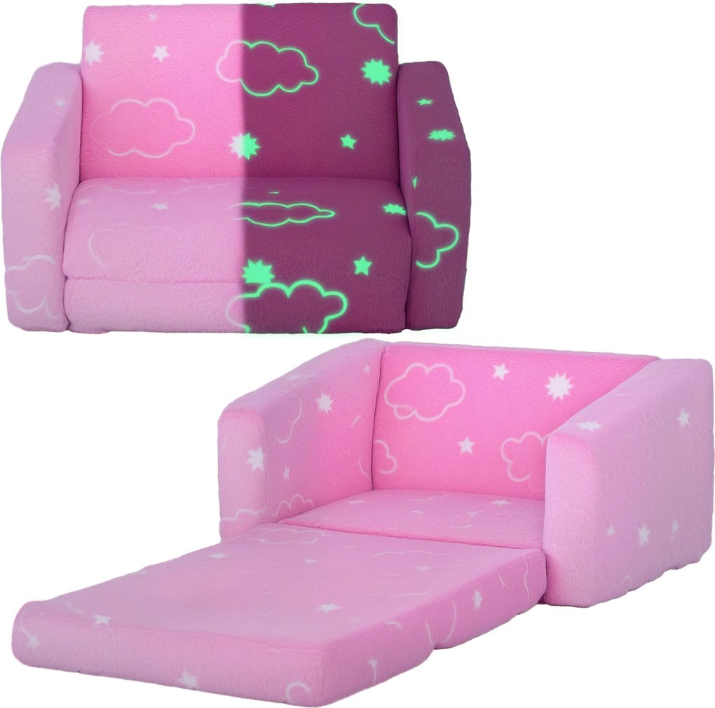 AIYAPLAY Detská skladacia polohovacia sofa 2-v-1 s luminescenčnou tkaninou a prateľným vankúšom a poťahom do spálne a obývačky - Ružová | Aosom