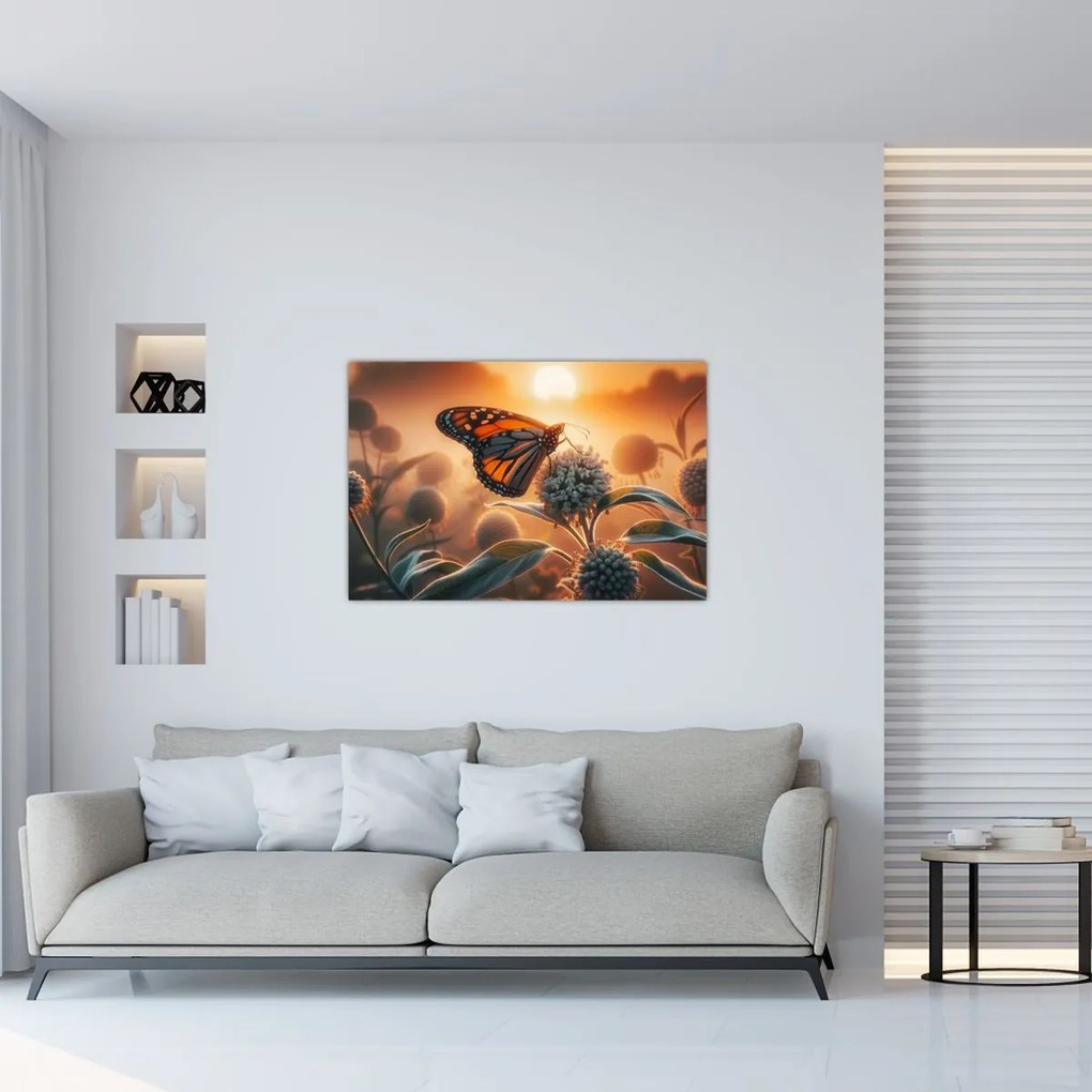 Obraz – Motýľ v zapadajúcom slnku (90x60 cm)