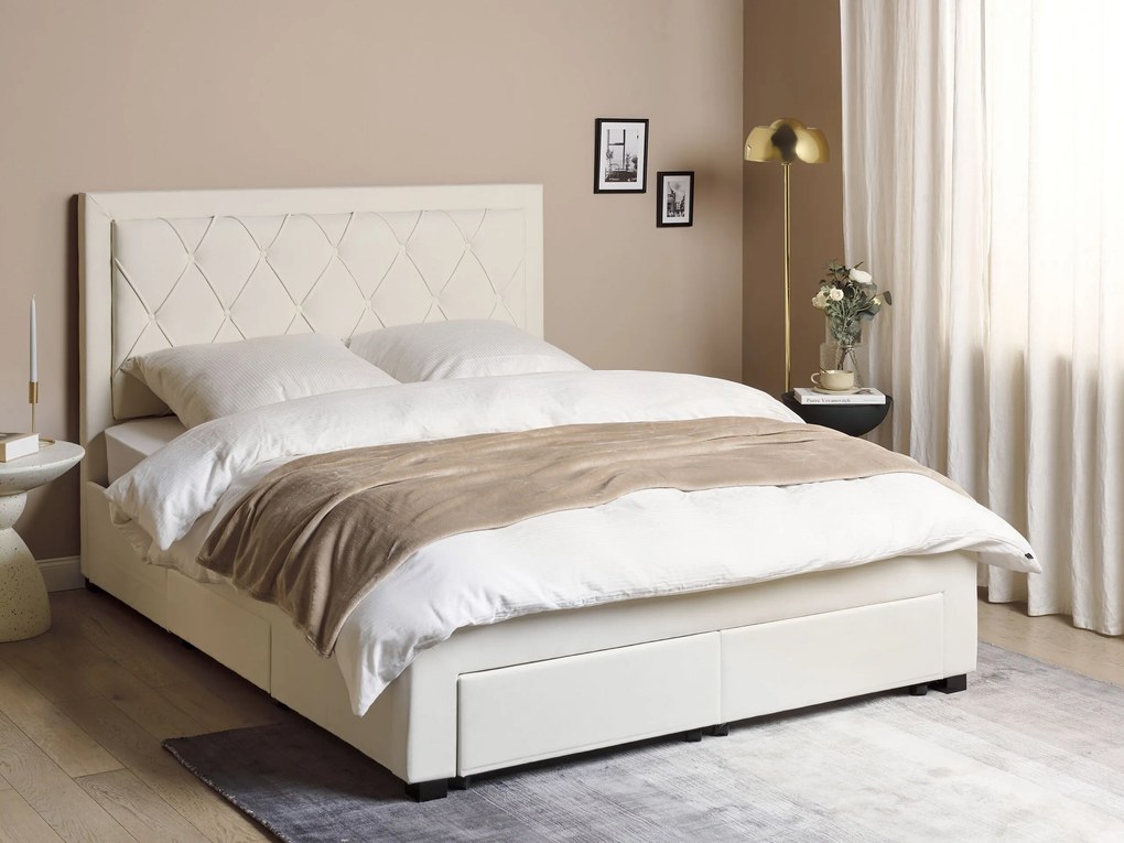 Zamatová posteľ s úložným priestorom 160 x 200 cm krémová LIEVIN Beliani