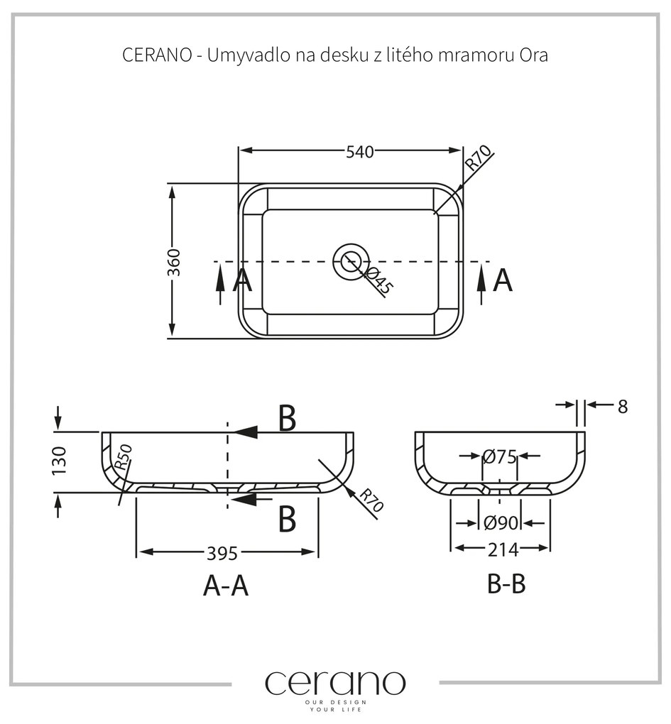 Cerano Ora, umývadlo na dosku z liateho mramoru 540x360x130 mm, čierna matná, CER-CER-WB02B