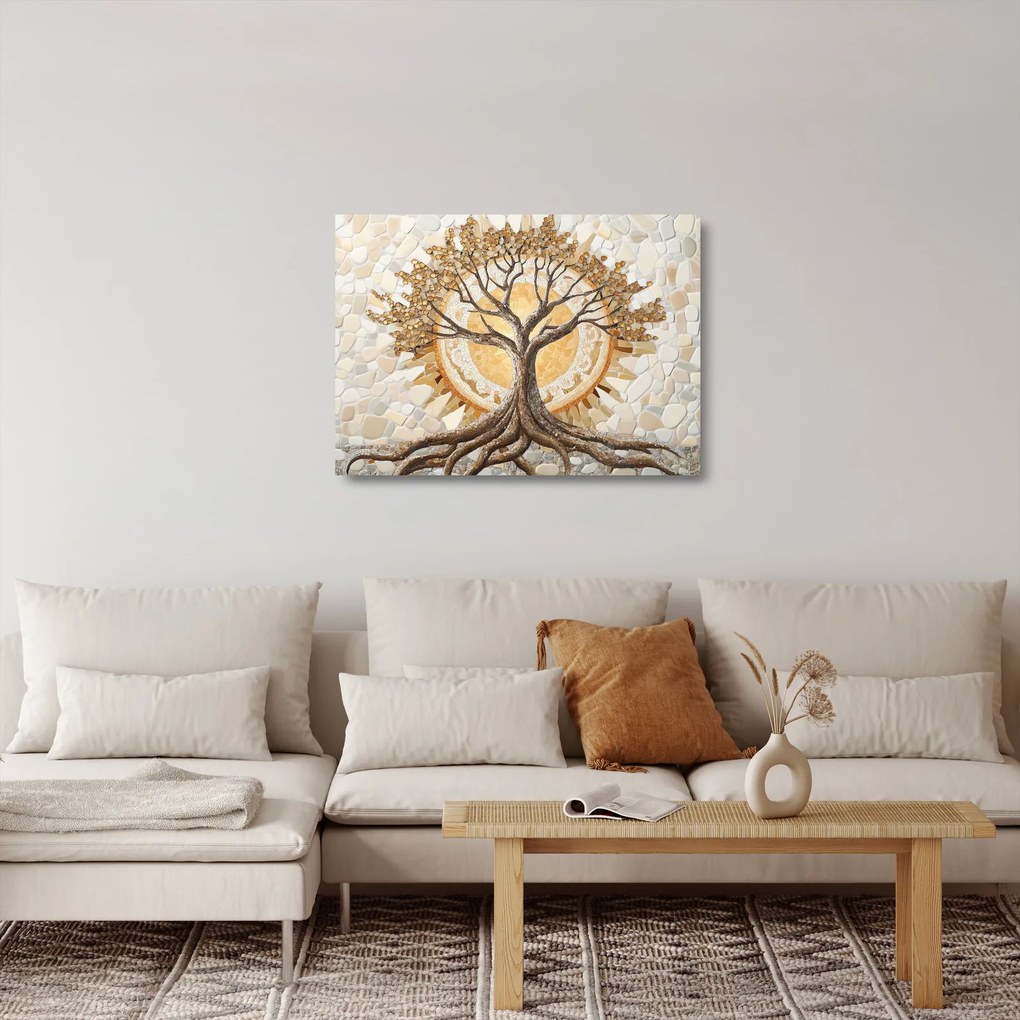 Sklenený obraz – Zlatý strom života v mozaike (70x50 cm)