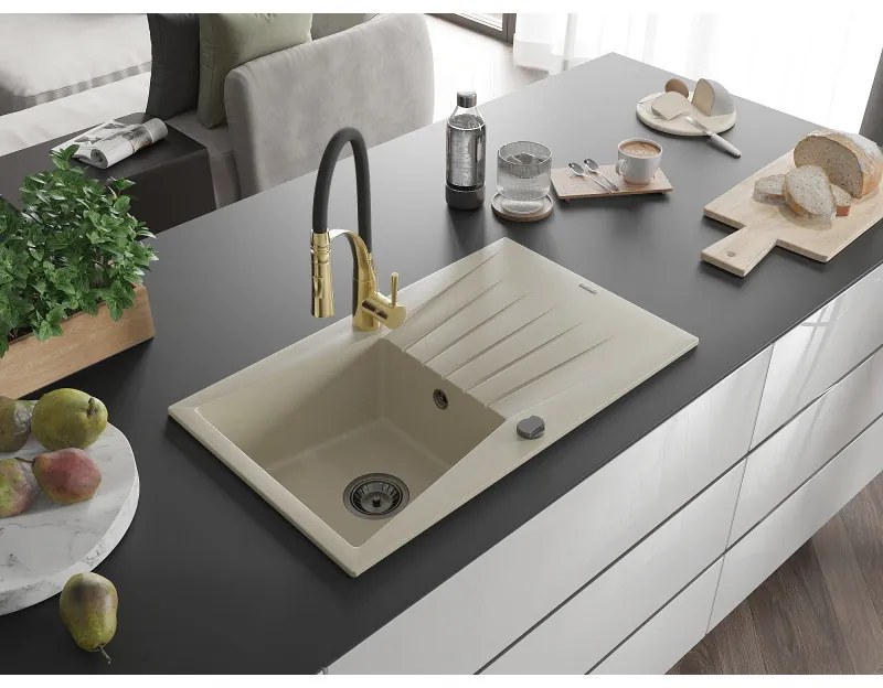 Mexen Cesar, 1-komorový granitový drez 775x470x190 mm a drezová batéria Aster, béžová, 6514-69-73450-57-B