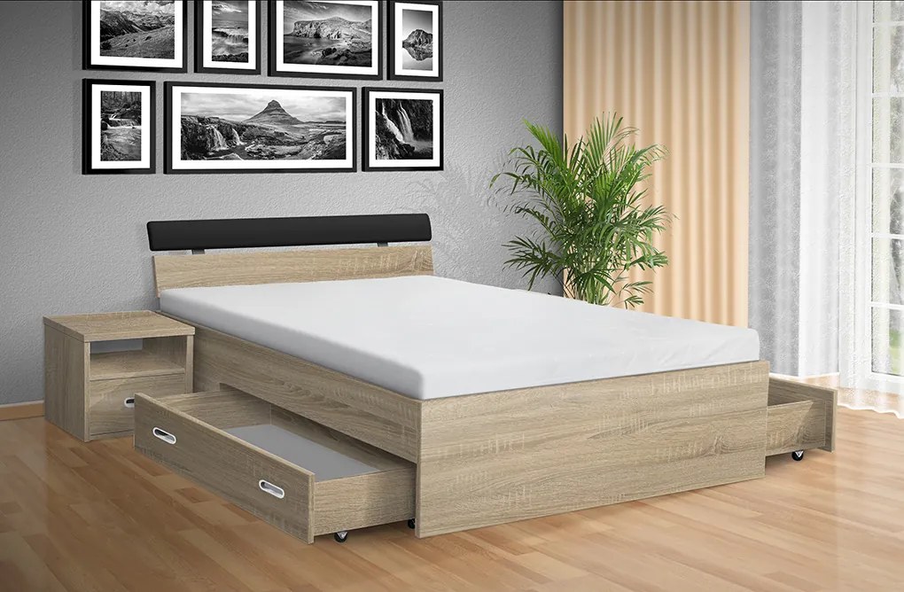 Nabytekmorava Drevená posteľ RAMI -M 140x200 cm dekor lamina: DUB SONOMA 3025, matrac: Matraca 17 cm sendvičová
