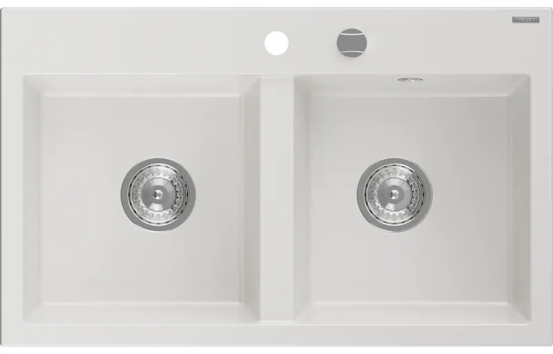 Mexen Hektor, 2-komorový granitový drez 800x480x205 mm, biela, chrómový sifón, 6521802000-20