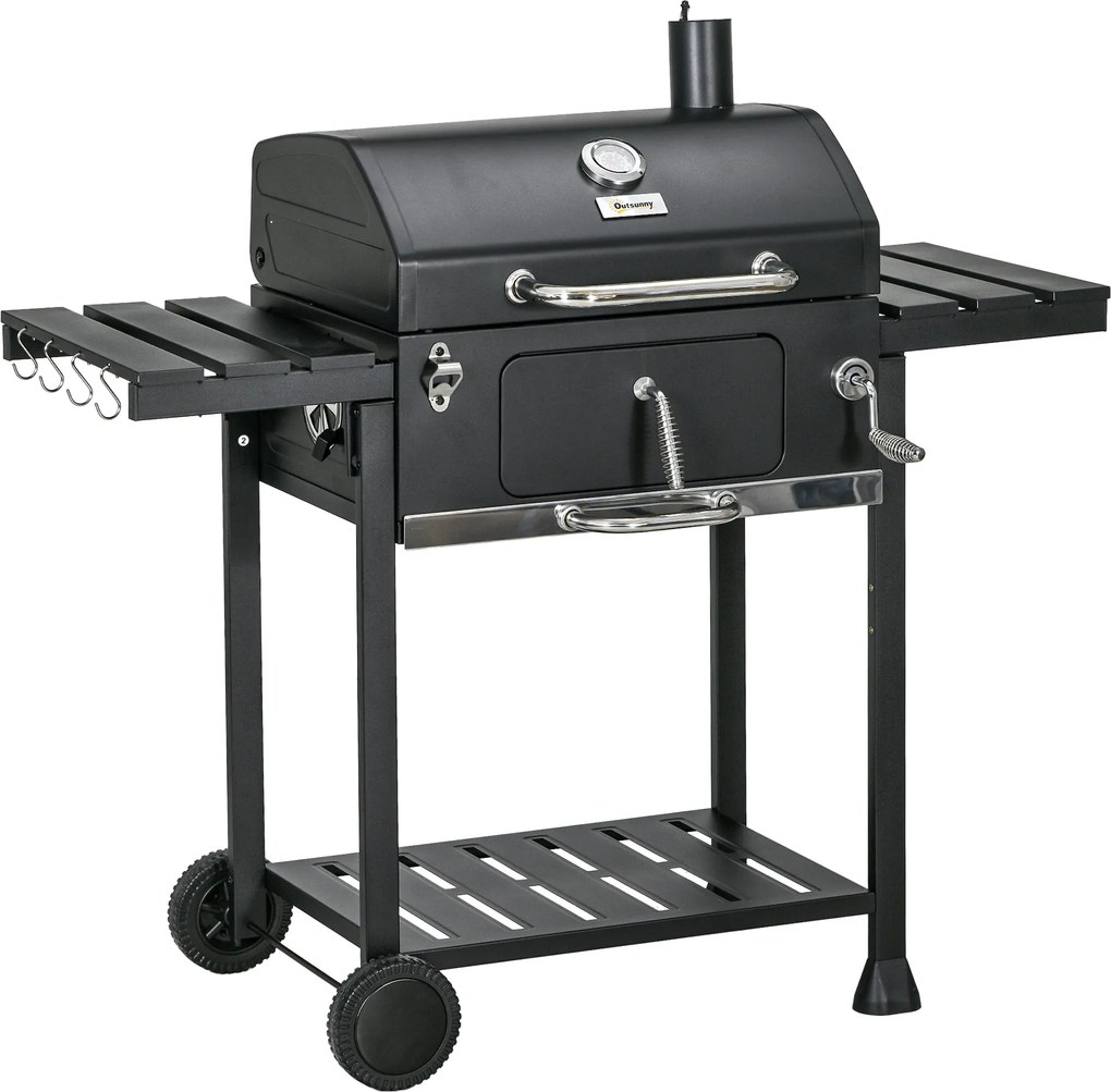 Outsunny Uhlový Gril, Kempingový Gril s Dvoma Grilmi, Skladací Bočný Stôl, Grilový Vozík so Policou, BBQ Rukoväť, Nerezová Oceľ, Čierna, 120 x 64 x 11