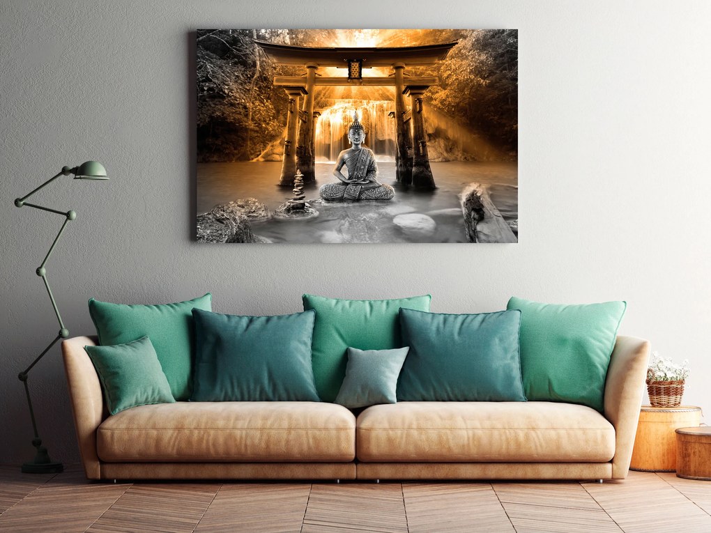 Artgeist Obraz - Buddha Smile (1 Part) Wide Orange Veľkosť: 60x40, Verzia: Premium Print