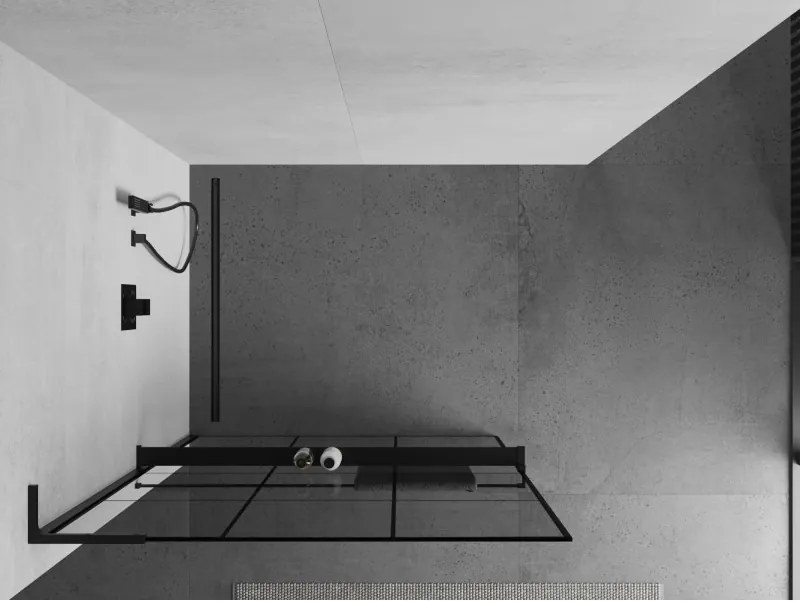 Mexen Kioto+ L, sprchová zástena Walk-In s poličkou a vešiakom 100 x 200 cm, 8mm číre sklo čierny vzor, čierny profil, 800-100-123-70-77