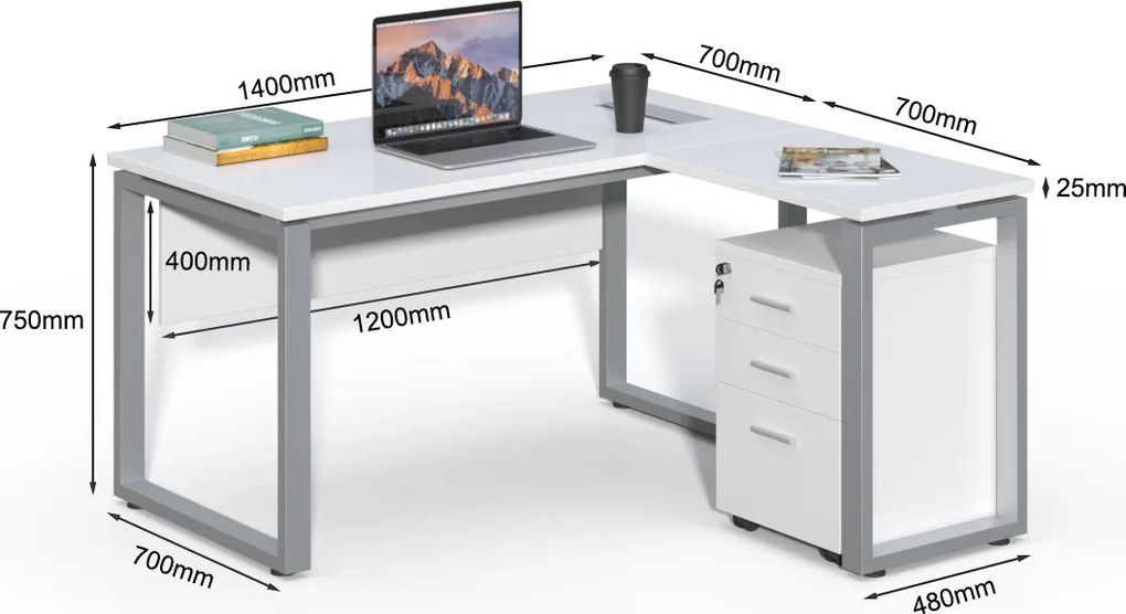 Rohový kancelársky stôl s kontajnerom Houseland Prime Home 01 140 cm biely