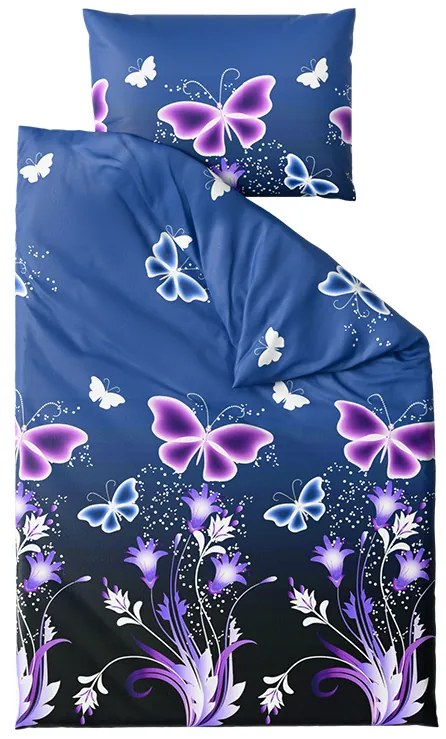 Sada mikroplyšových obliečok VIOLET BUTTERFLY tmavomodré + obliečka mikroplyš SOFT 180x200 cm biele, dvojlôžko
