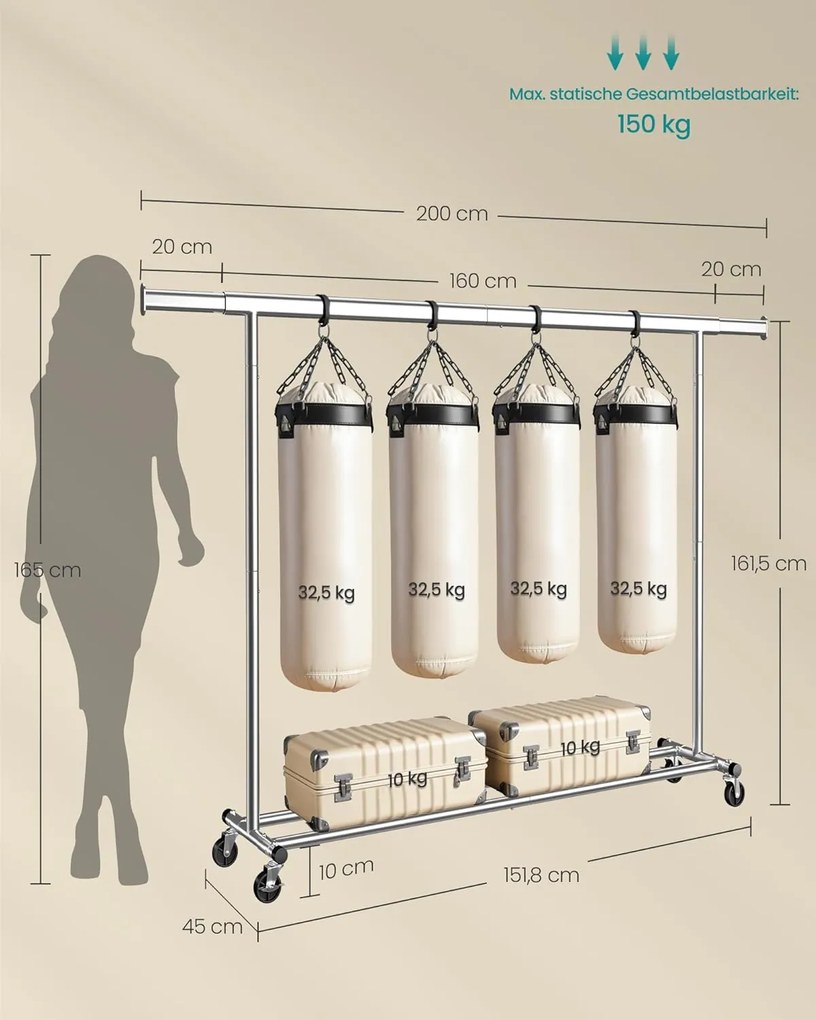Stojan na šaty, vešiak na oblečenie na kolieskach, nosnosť 150 kg, strieborný