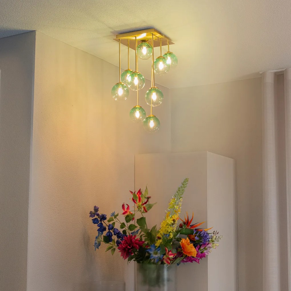 Art Deco stropné svietidlo zlaté so zeleným sklom 9-žiarovkové - Atény