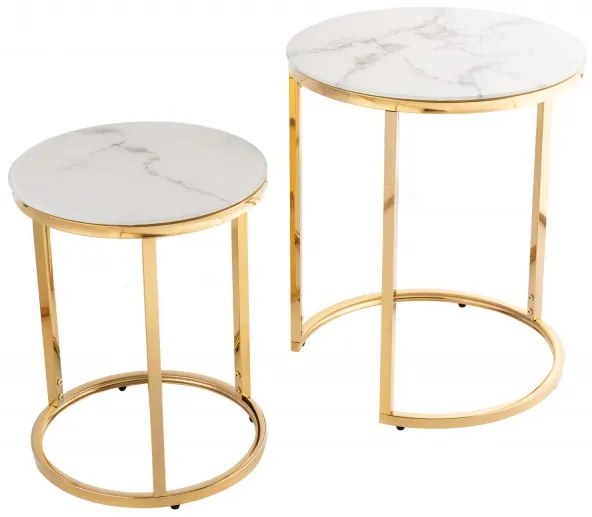 Príručný stolík okrúhly Elegance sada 2ks mramorový vzhľad biely, zlatý rám