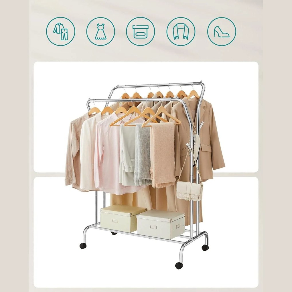 Stojan na šaty, s dvojitou tyčou a policou, kovový, strieborná farba