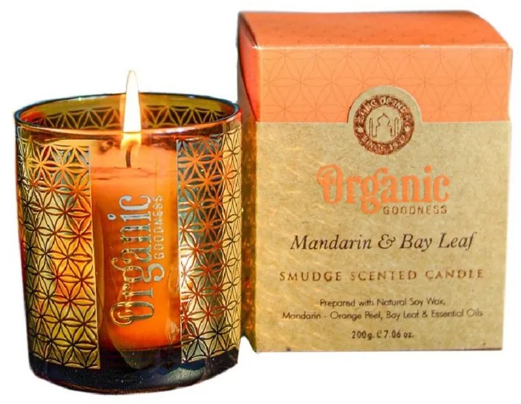 Organická vykurovacia sviečka Mandarin & Bay Leaf 200 g v skle so zlatou fóliou