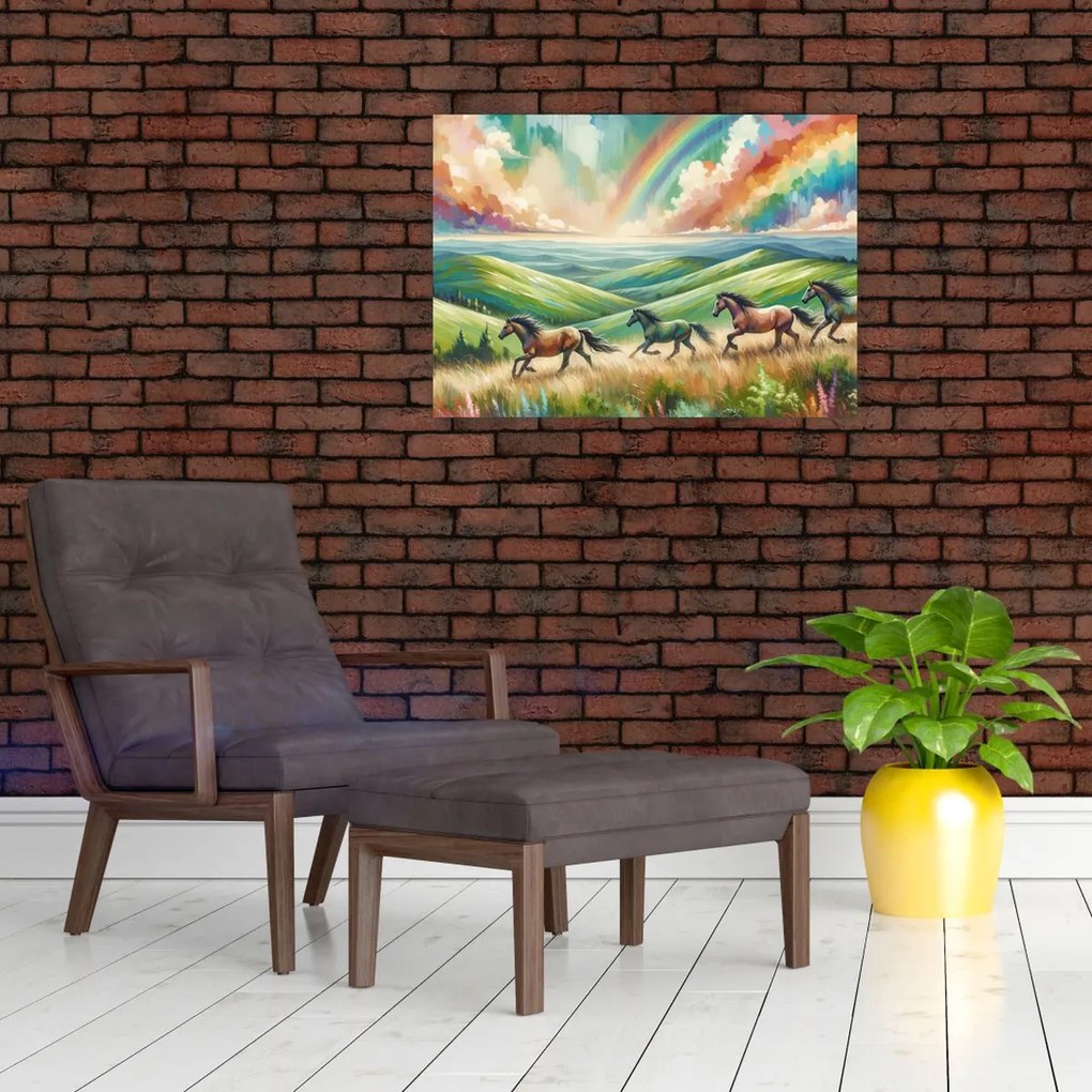 Sklenený obraz – Kone cválajúce krajinou (70x50 cm)