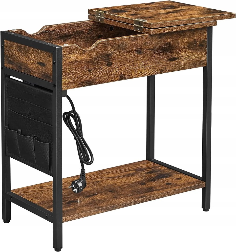 Odkladací stolík s predlžovacím káblom a nabíjačkami TAYLOR 60x31,5 cm, rustikálne hnedý