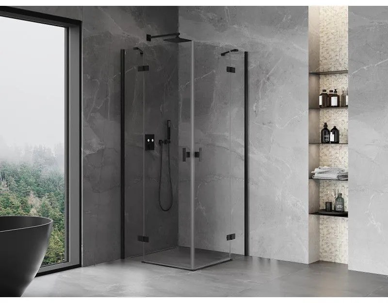 Mexen Mist-H Duo, 2-krídlový výklopný sprchový kút 95 x 95 cm, číre sklo, čierny profil, 8A5-095L-095P-70-00