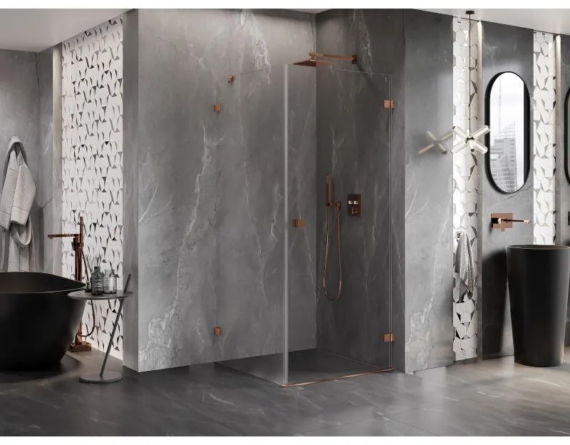 Mexen Lunar-B, pravostranný výklopný sprchový kút 90 x 90 cm, 8mm číre sklo, profil ružové zlato, 832-090-090-60-00-P