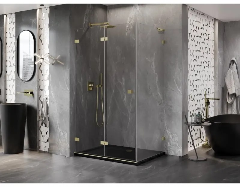 Mexen Lunar-F L, skladací sprchový kút ľavý 85 x 80 cm, 8mm číre sklo, zlatý matný profil, 836L-085-080-55-00-L