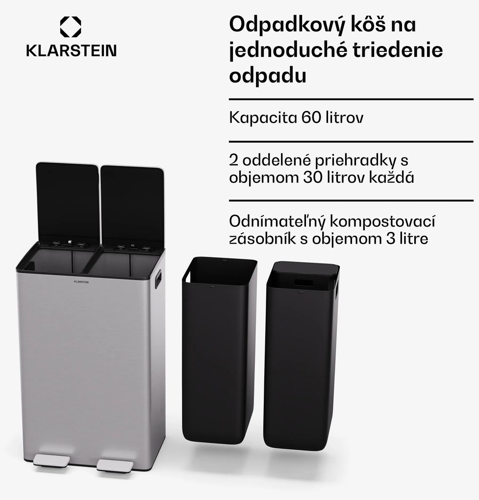 Klarstein EcoVista, odpadkový kôš s kompostérom, 60 l + 3 l/kôš + kompostér, Soft-Close