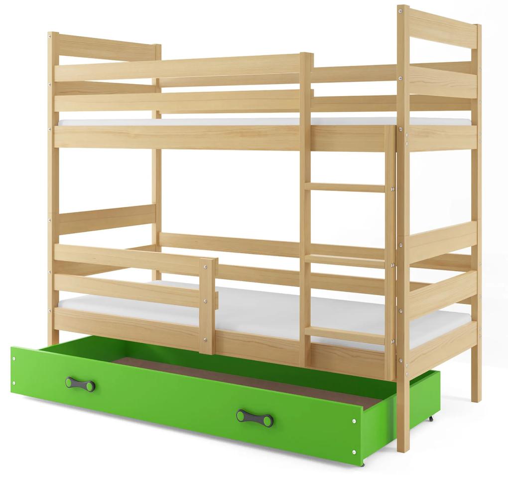Poschodová posteľ 80 x 190 cm Eril B (borovica + zelená) (s roštami, matracmi a úl. priestorom). Vlastná spoľahlivá doprava až k Vám domov. 1056569