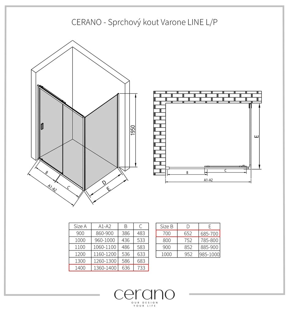 CERANO - Sprchovací kút Varone LINE Ľ/P - chróm, transparentné sklo - 140x70 cm - posuvný, CER-CER-DY505-90113
