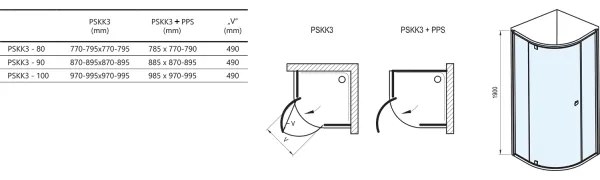 Ravak 37677U00Z1 - trojdielny štvrťkruhový sprchový kút PIVOT 90x90 cm satin