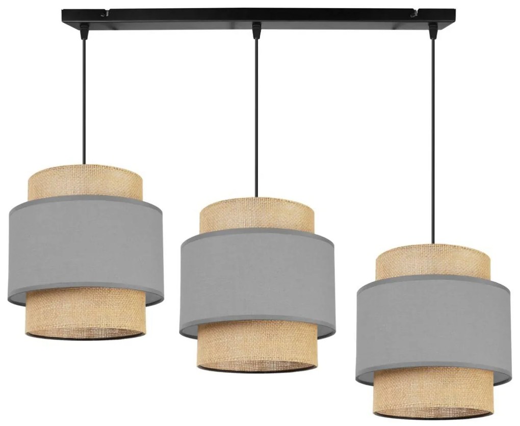 Závesné svietidlo Boho, 3x jutové/sivé textilné tienidlo