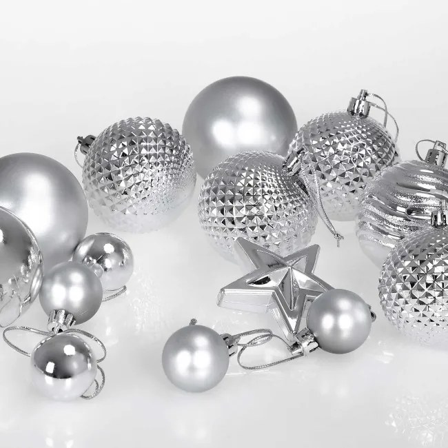 Sada vianočných závesných dekorácií ESTRELLA strieborná (66 ks)