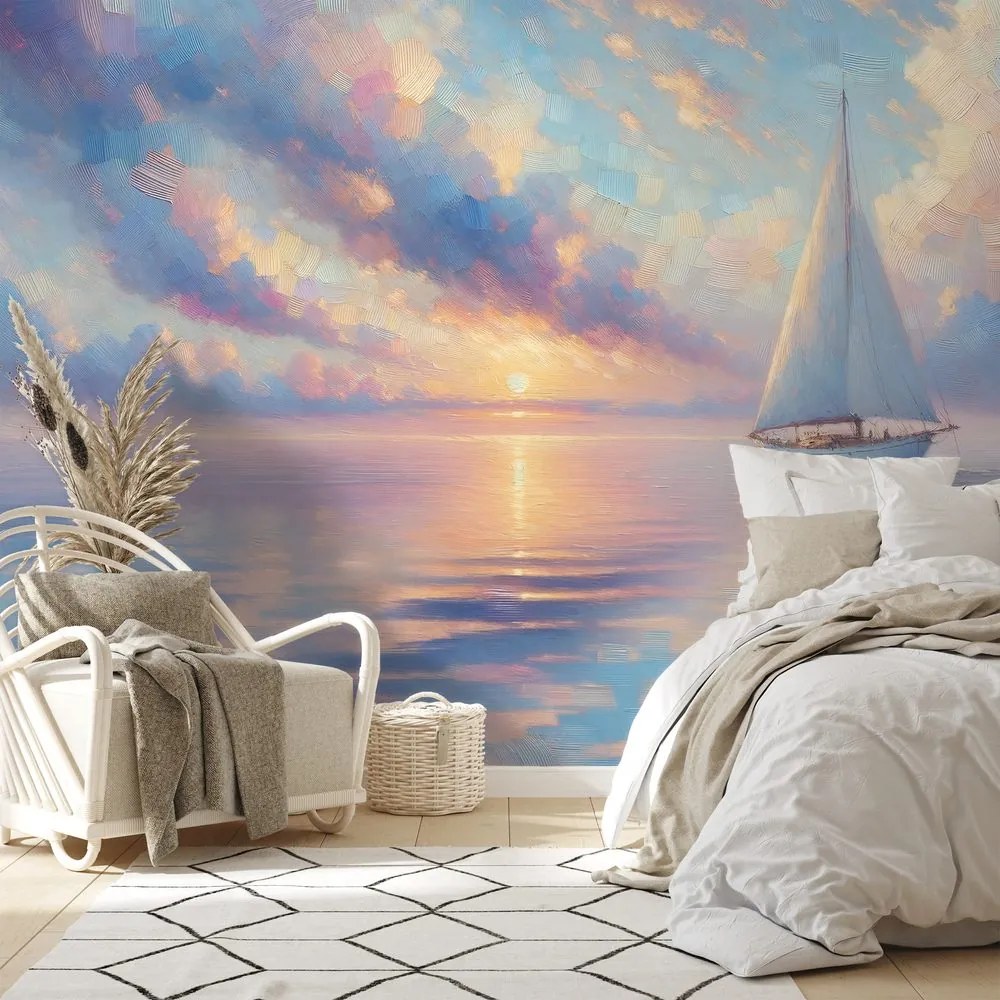 Samolepiaca tapeta plachetnica na pokojnom mori pri západe slnka