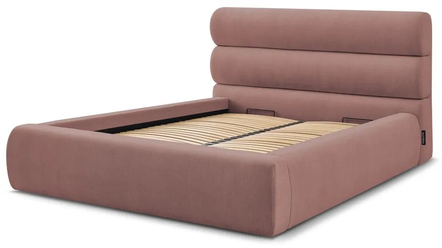 Svetloružová čalúnená dvojlôžková posteľ s úložným priestorom s roštom 160x200 cm Jagna – Bobochic Paris