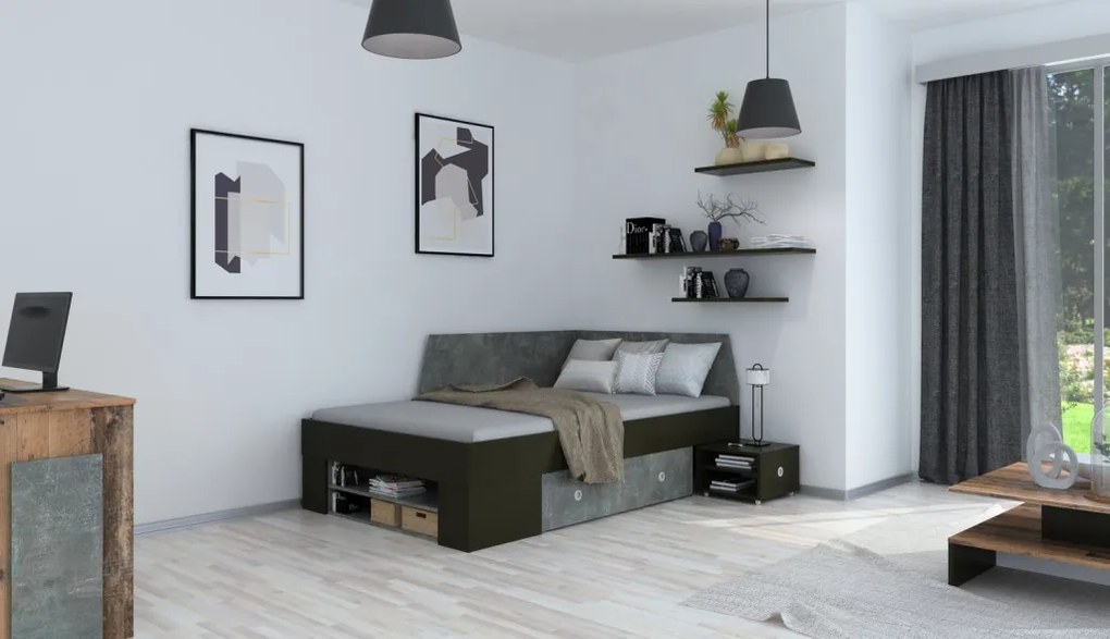 Úložná posteľ so zástenou Junior 120x200 cm, čierna/tmavý betón