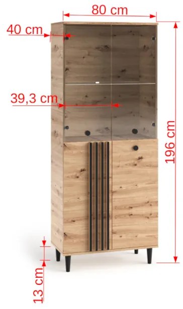 Vitrína LIVIA 3, 80x196x40, dub artisan/čierna