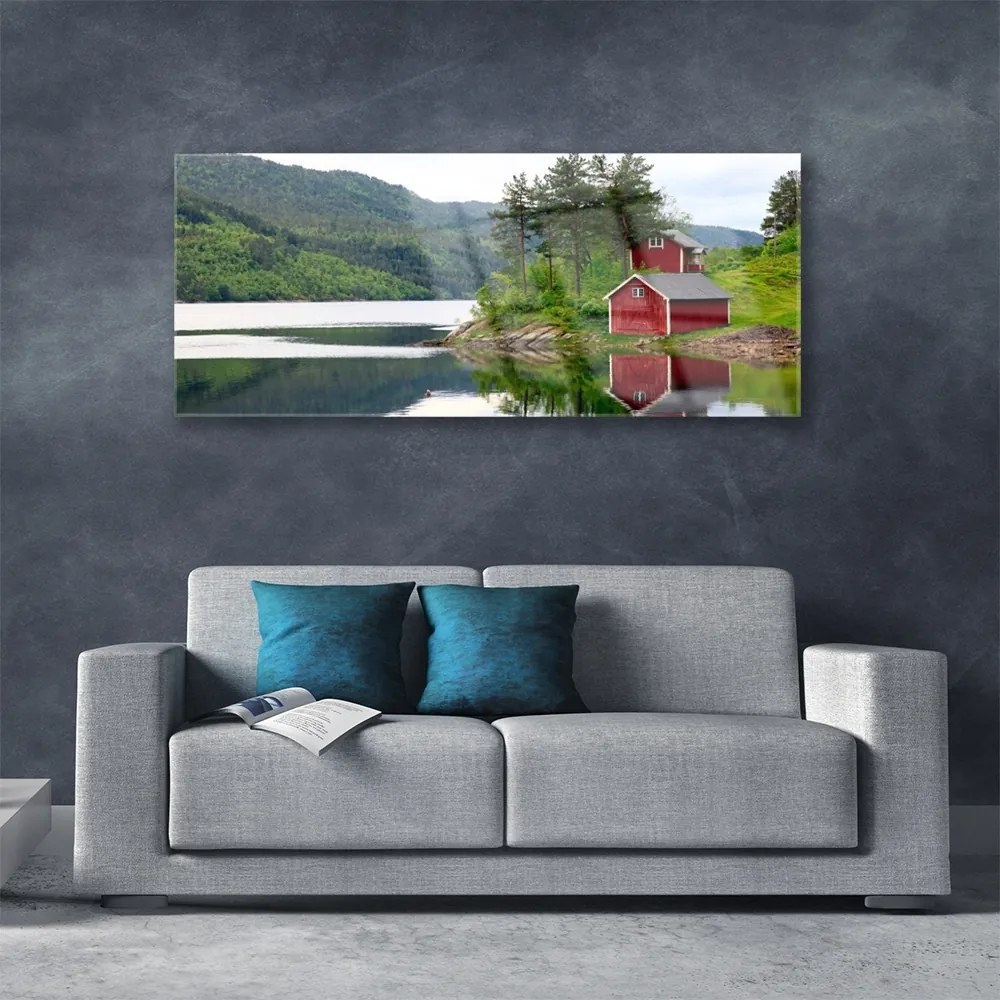 Obraz na akrylátovom skle Hory dom jazero príroda 125x50 cm
